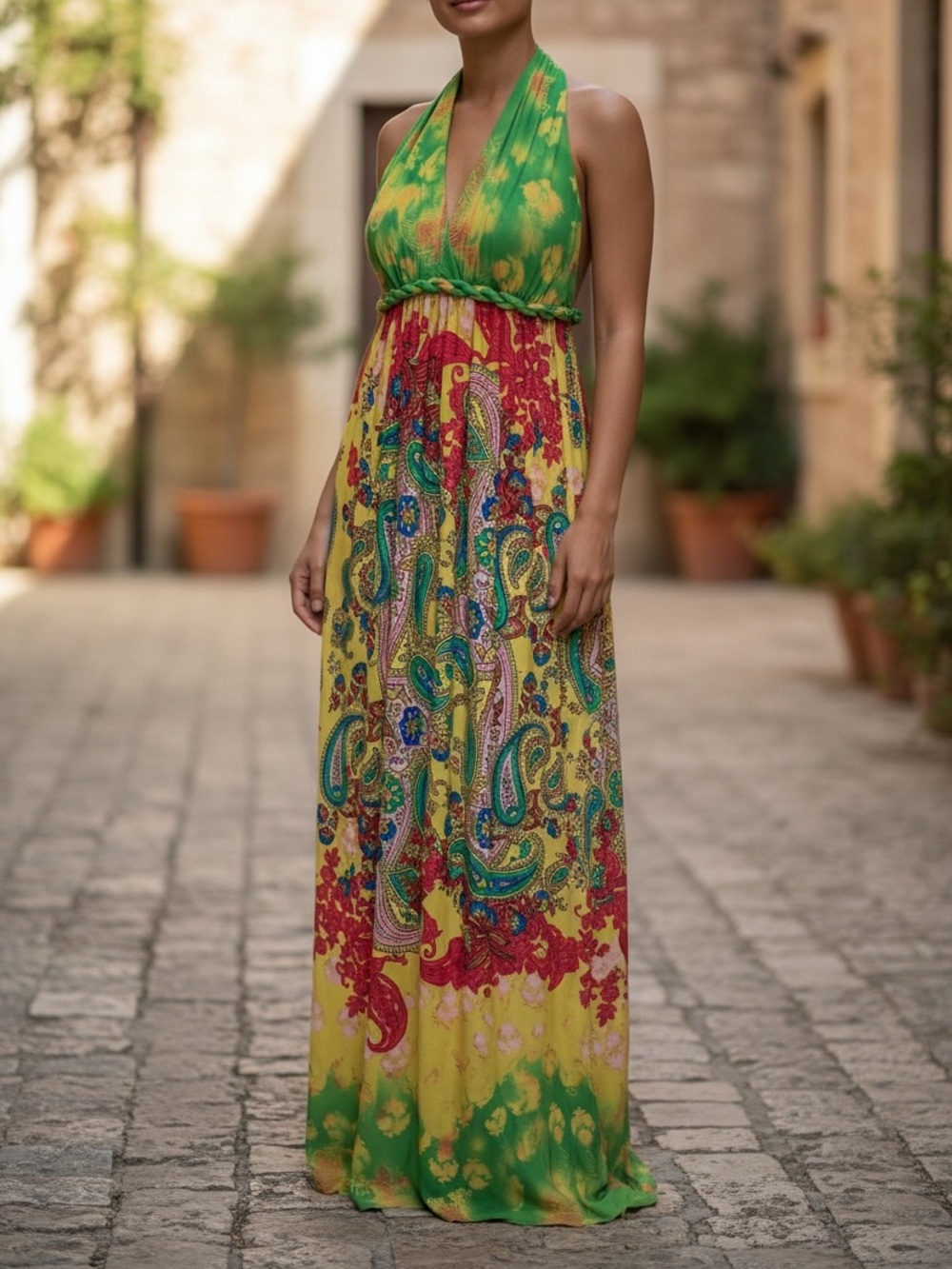 Arden B Green & Yellow Paisley Halter Maxi Dress